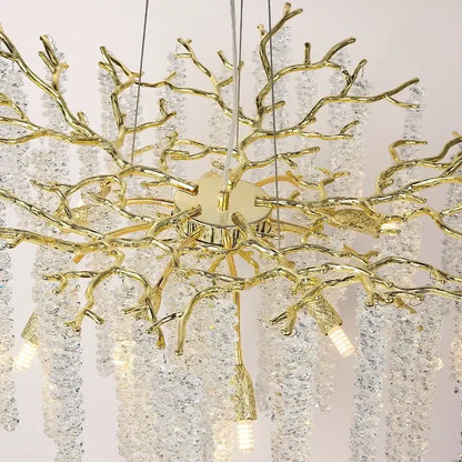 Modern gold round crystal branches chandelier with gold branch design and clear crystal strands for dining room decorbites gold round