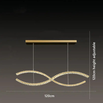 Modern gold s-shaped decorbites crystal led pendant dining room light with gold-toned double-loop and clear crystal accents