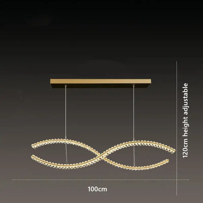 Modern gold s-shaped decorbites crystal led pendant featuring a gold-toned double-loop design with clear crystal accents