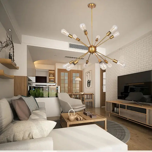 Modern gold satellite pendant light starburst chandelier with gold-toned metal and exposed filament bulbs for living room decorbites gold satellite pendant