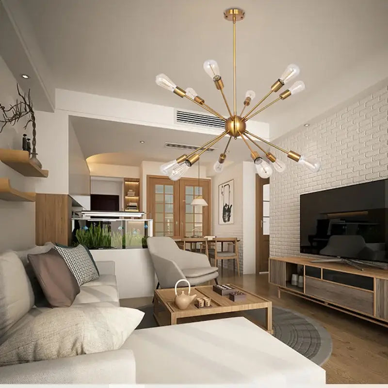 Modern gold satellite pendant light starburst chandelier with gold-toned metal and exposed filament bulbs for living room decorbites gold satellite pendant