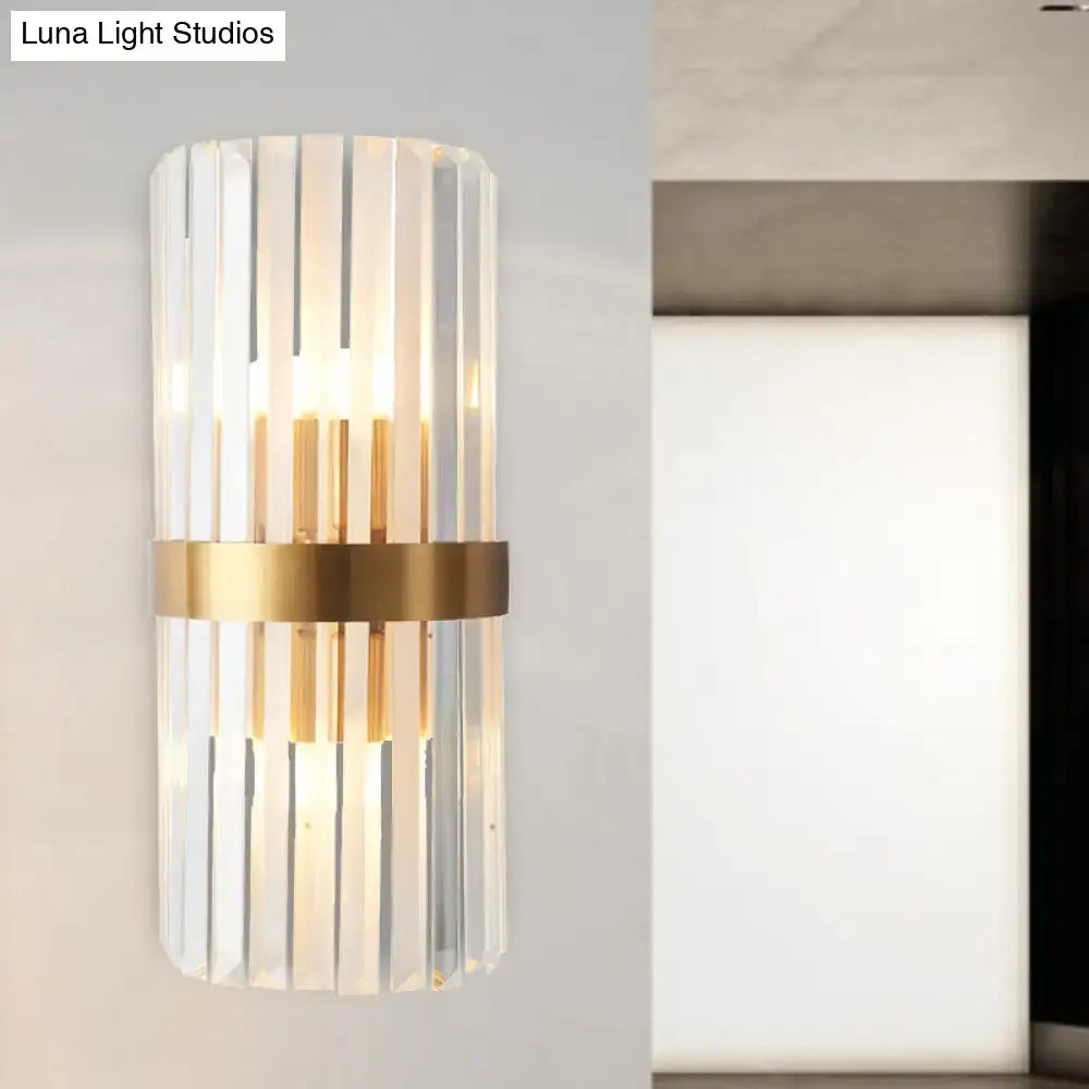 Modern gold sconce light wall lamp with vertical crystal rods and metal band for elegant bedroom lighting