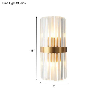 Modern gold sconce light with vertical clear glass rods and gold-toned metal band illuminated wall lamp for bedroom