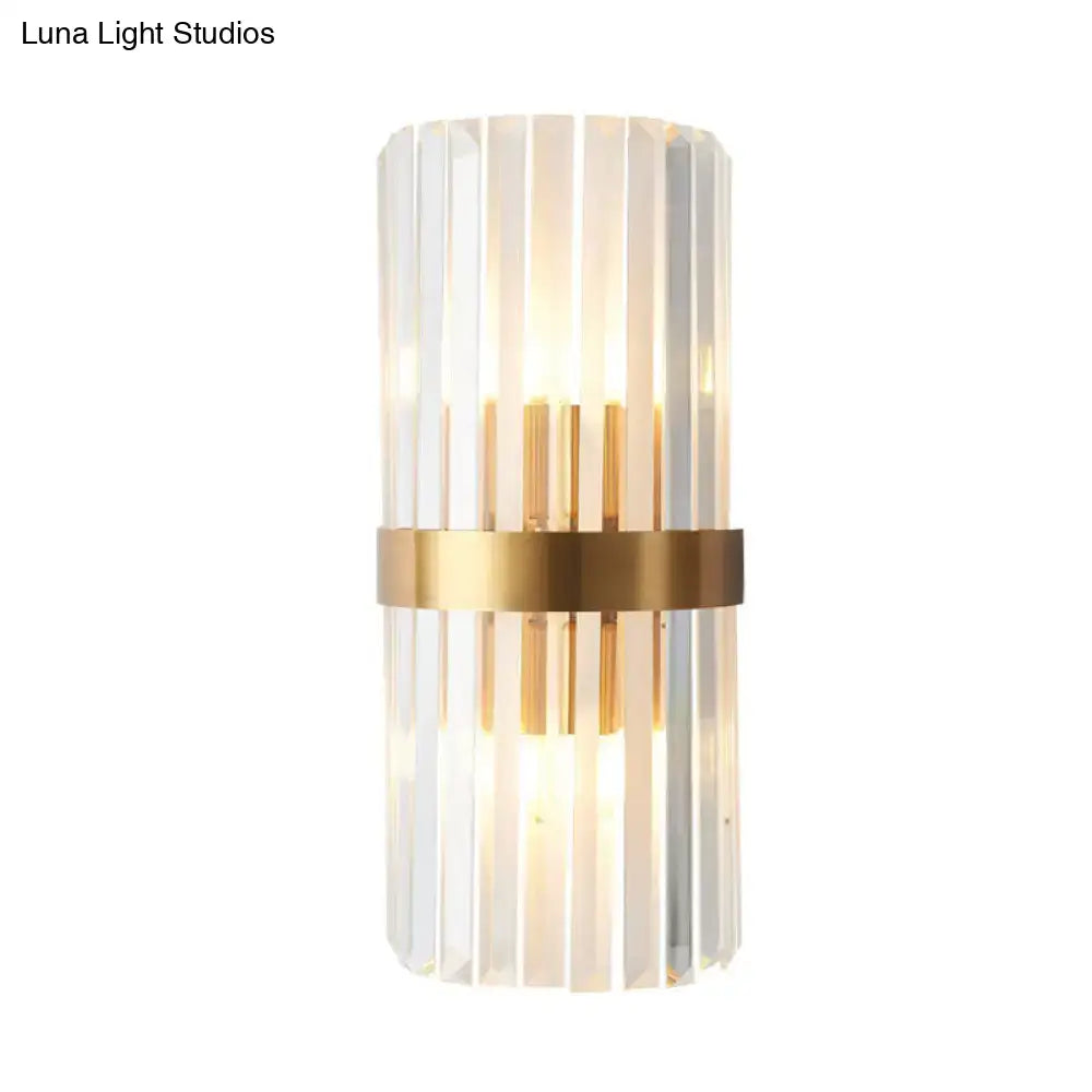 Modern gold sconce light with vertical crystal rod prisms and brushed gold band wall lamp for bedroom lighting