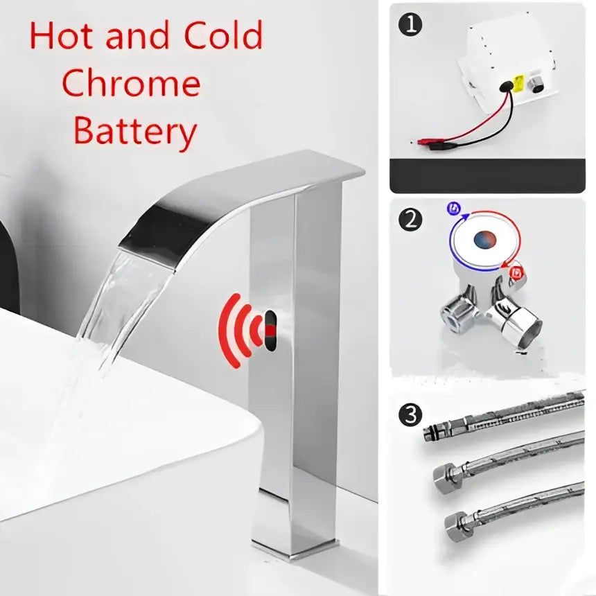 Modern gold sensor waterfall basin faucet with chrome curved spout and wireless hot cold water control decorbites gold sensor