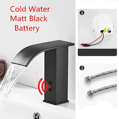Cold water basin faucet with matte black finish and curved spout design for decorbites gold sensor waterfall mixer
