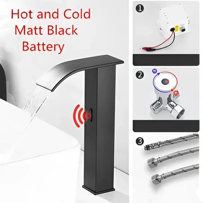 Matte black battery-powered basin faucet with sleek modern design and wireless decorbites gold sensor waterfall technology