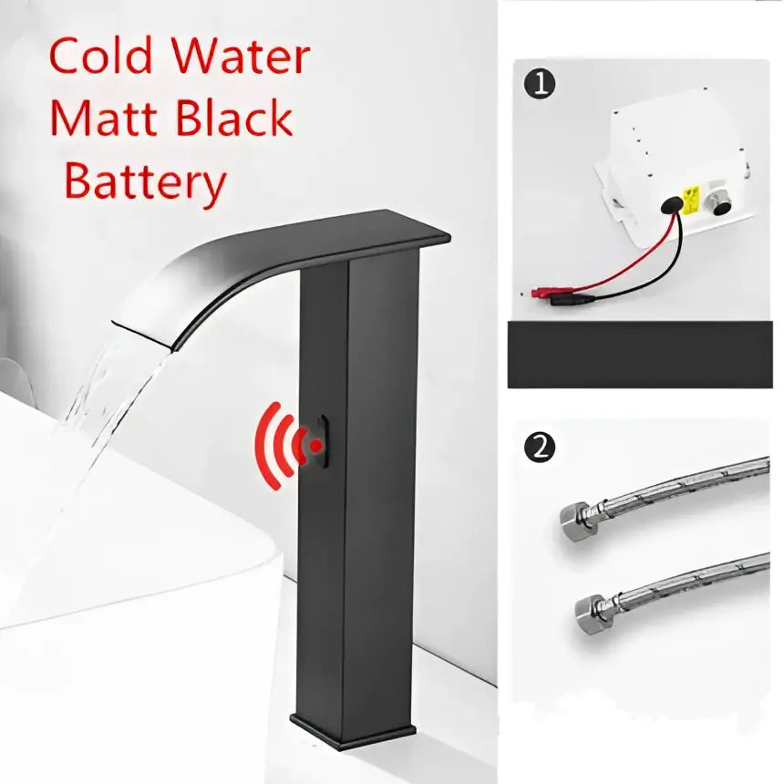 Modern gold sensor waterfall basin faucet with matte black finish and wireless sensor for cold water by decorbites gold sensor