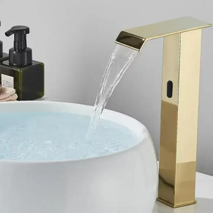 Modern gold sensor waterfall basin faucet with gold-toned sleek design for bathroom hot cold mixer decorbites gold sensor