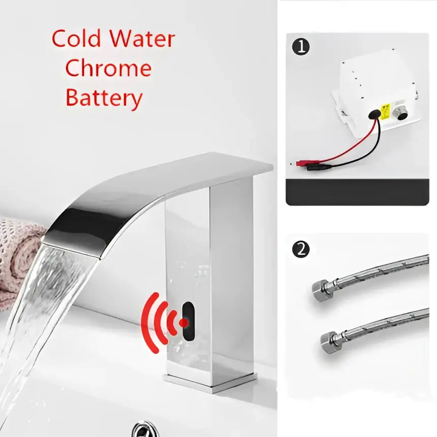 Modern gold sensor waterfall basin faucet with cold water chrome finish and sleek flowing waterfall spout by decorbites gold sensor