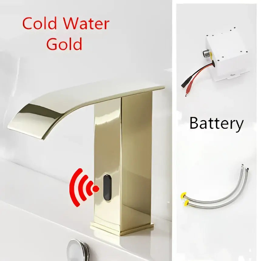 Modern gold sensor waterfall basin faucet with sleek metallic finish and cold water gold wireless sensor design
