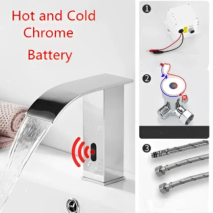 Modern gold sensor waterfall basin faucet with chrome finish sleek design and integrated hot cold battery system