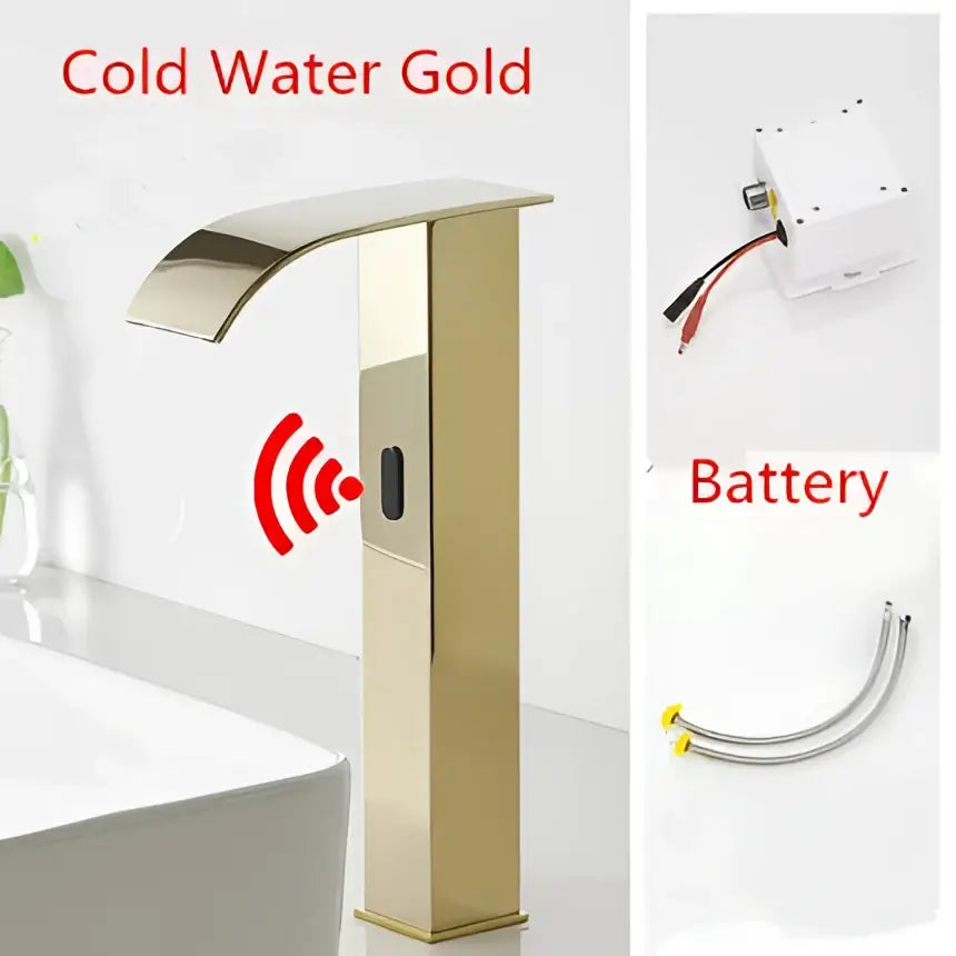 Modern gold sensor waterfall basin faucet with cold water gold finish and integrated wireless sensor technology for bathrooms