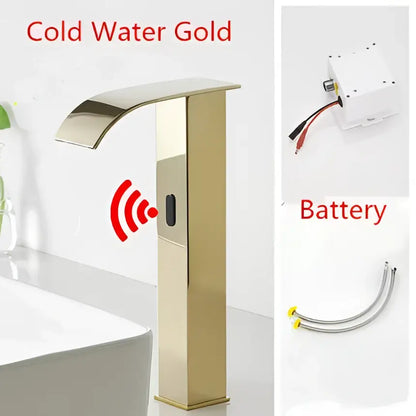 Modern gold sensor waterfall basin faucet with cold water gold finish and integrated wireless sensor technology for bathrooms