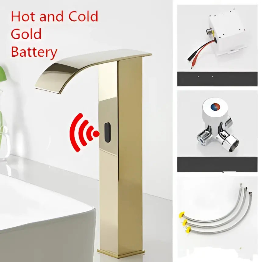 Modern gold sensor waterfall basin faucet with sleek metallic finish and wireless sensor technology for bathroom use