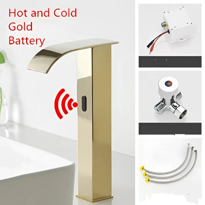 Modern gold sensor waterfall basin faucet with sleek metallic finish and wireless sensor technology for bathroom use