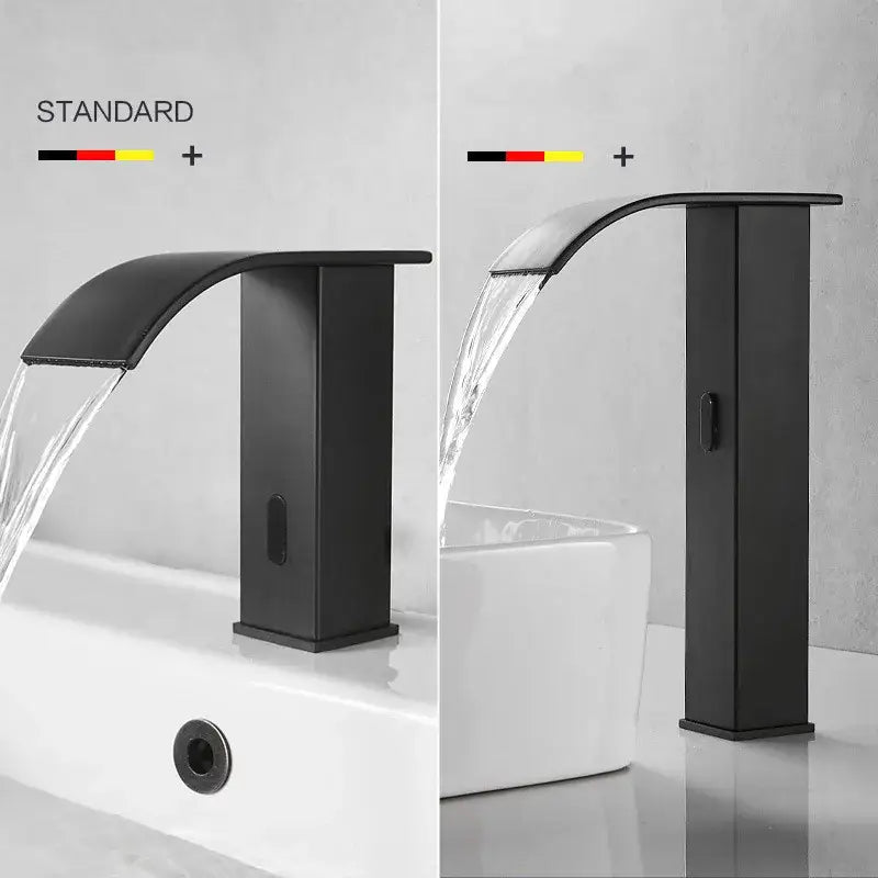 Black matte waterfall basin faucet with sleek modern curved spout for decorbites gold sensor waterfall mixer
