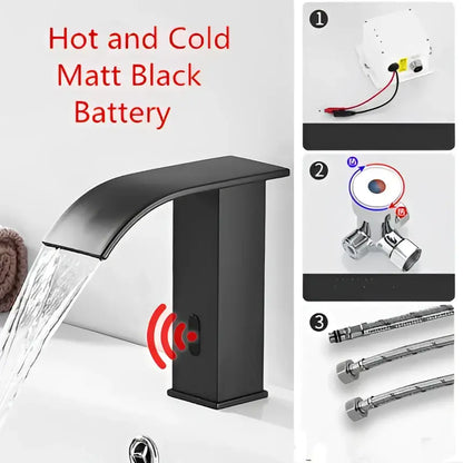 Matte black modern basin faucet with hot and cold control inspired by decorbites gold sensor waterfall design