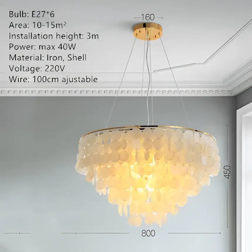 Modern gold shell chandelier with tiered translucent cream and gold shades on iron frame for living room decorbites gold shell