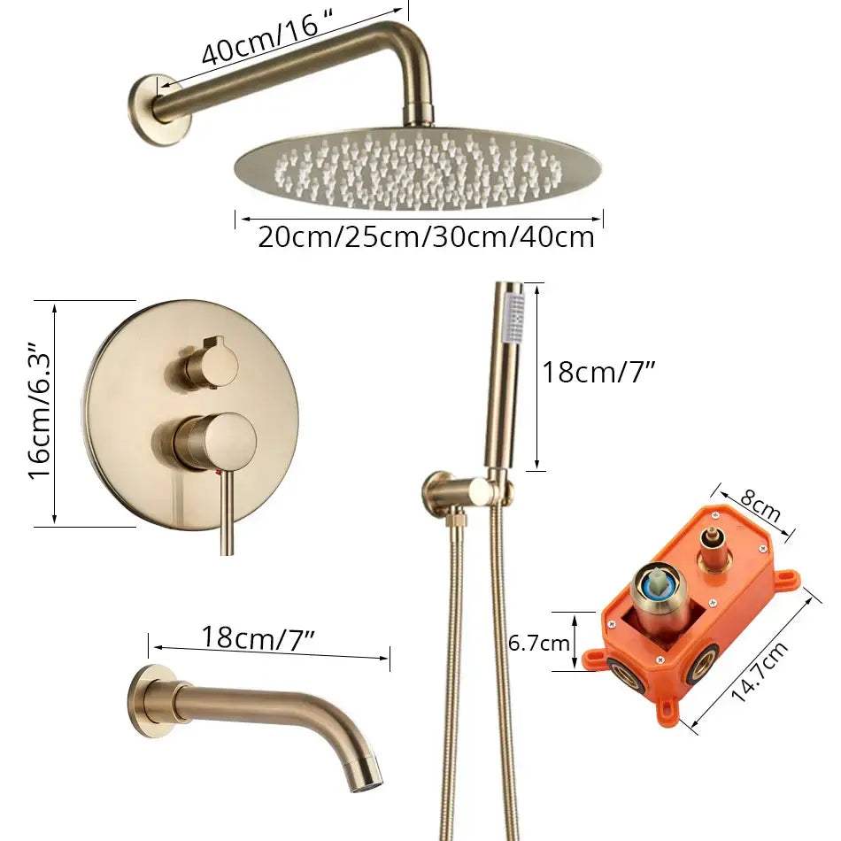 Modern gold shower faucet featuring brushed brass round rainhead wall-mounted controls handheld spray decorbites gold shower