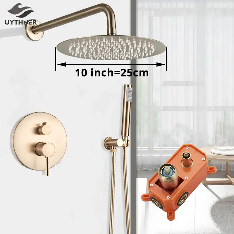 Brass-finished 10-inch round shower faucet with multiple spray nozzles and matching hand sprayer in decorbites gold shower style