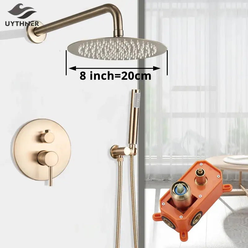 Modern gold shower faucet with brass finish, 8-inch rainhead, handheld spray, and wall-mounted control panel for decorbites gold shower