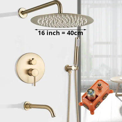 Brass-finished 16-inch round decorbites gold shower faucet with wall controls and handheld spray wand in bathroom rainfall design
