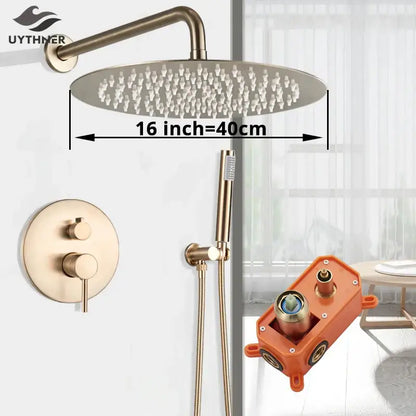 Brass-finished 16-inch round rainfall shower head with multiple nozzles and gold shower faucet wall controls by Decorbites