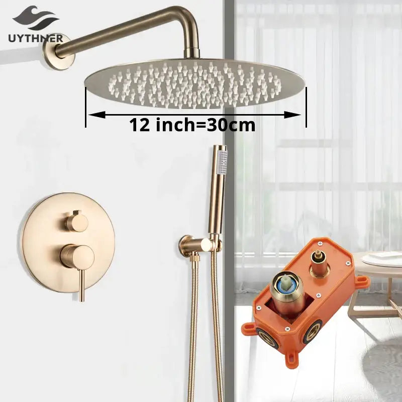 Brass-finished 12-inch round shower head with multiple nozzles and matching handheld sprayer in decorbites gold shower faucet design