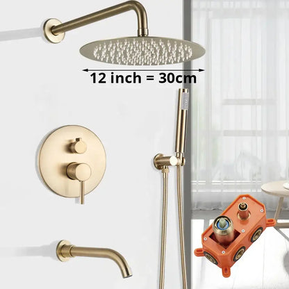 Brass-finished 12-inch round shower head with multiple nozzles and matching handheld sprayer in a decorbites gold shower faucet set