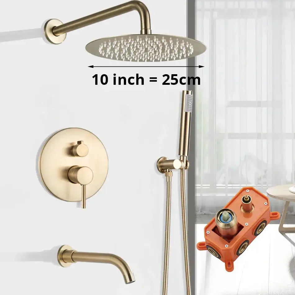 Modern gold shower faucet with brass finish, 10-inch round rainhead, handheld spray, and wall-mounted controls decorbites gold shower