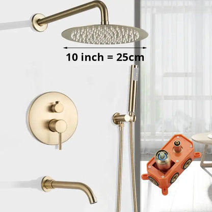 Modern gold shower faucet with brass finish, 10-inch round rainhead, handheld spray, and wall-mounted controls decorbites gold shower