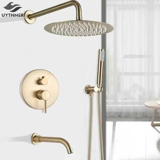 Brass-finished decorbites gold shower faucet with circular rain shower head and multiple nozzles for bathroom use