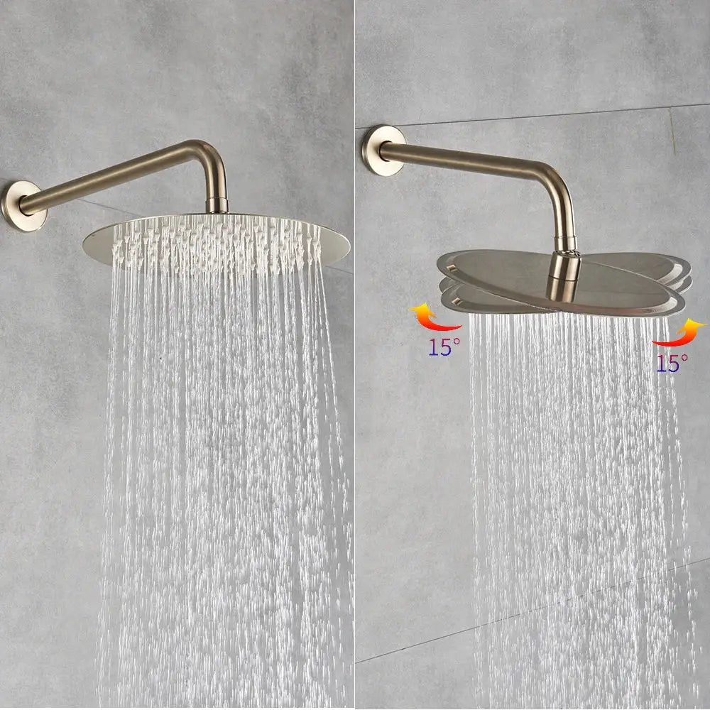 Brushed nickel round showerhead with adjustable swivel paired with decorbites gold shower faucet bathroom set