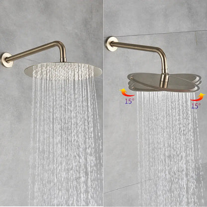 Brushed nickel round showerhead with adjustable swivel paired with decorbites gold shower faucet bathroom set