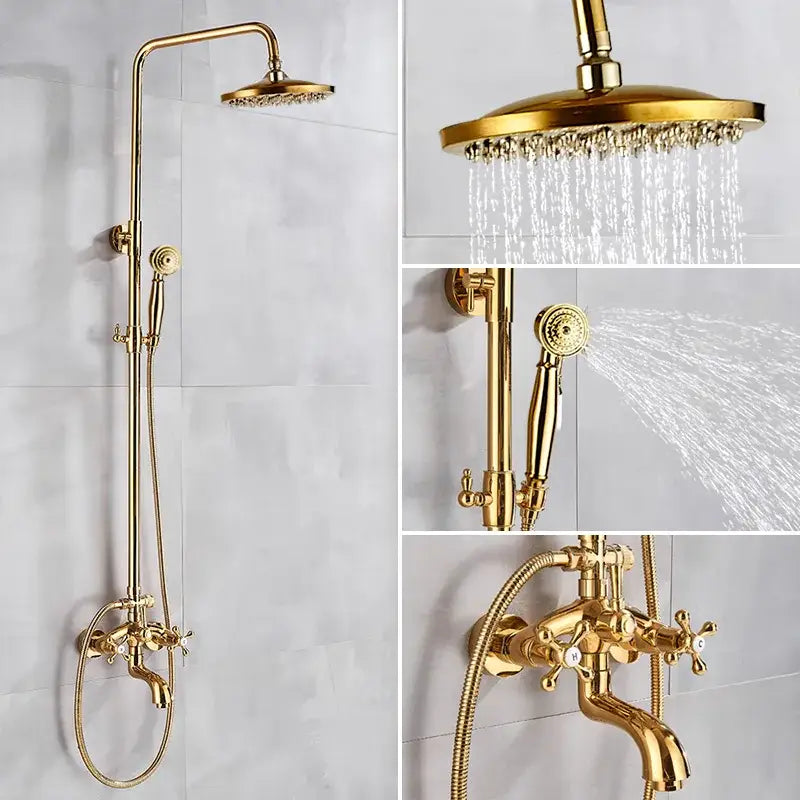 Modern gold shower faucet set in brass with a tall rainhead handheld spray and classic ceramic handle faucet set