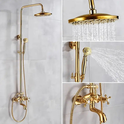 Modern gold shower faucet set in brass with a tall rainhead handheld spray and classic ceramic handle faucet set