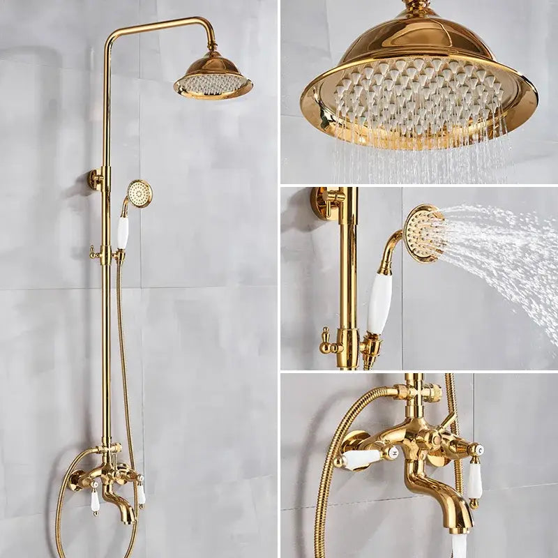 Modern gold shower faucet set with ceramic handles featuring a large rainhead handheld sprayer and wall-mounted faucet
