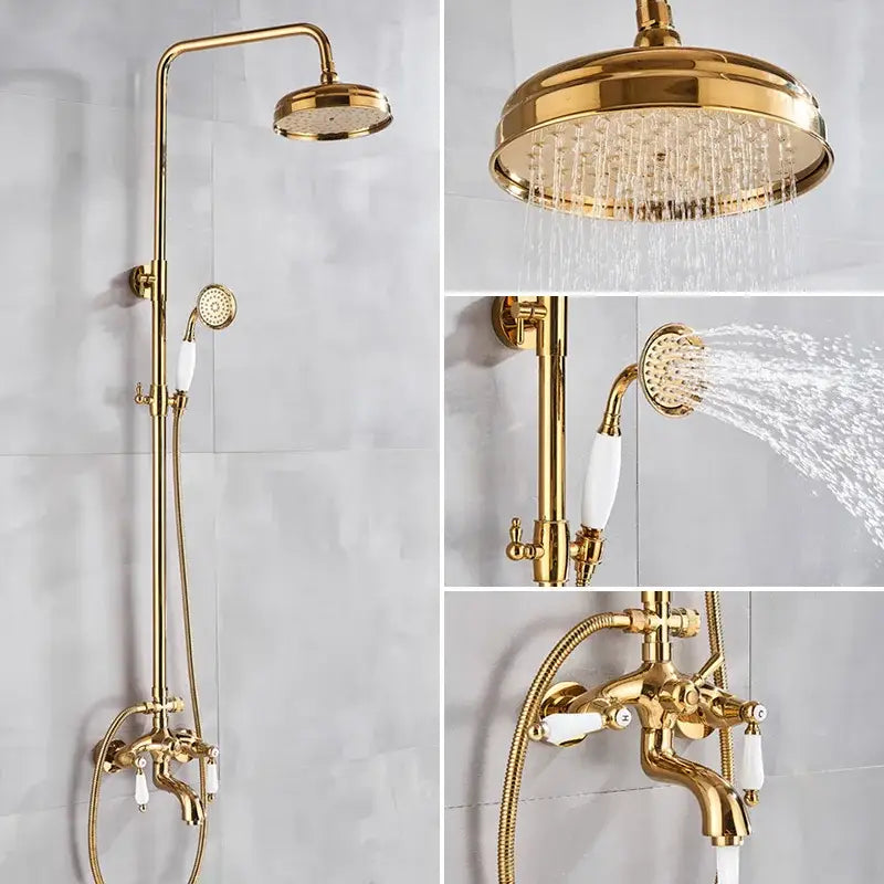 Modern gold shower faucet set with ceramic handles featuring rainhead, handheld sprayer, and wall-mounted faucet