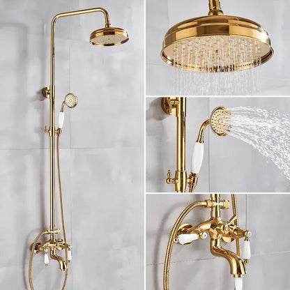 Modern gold shower faucet set with ceramic handles featuring rainhead, handheld sprayer, and wall-mounted faucet