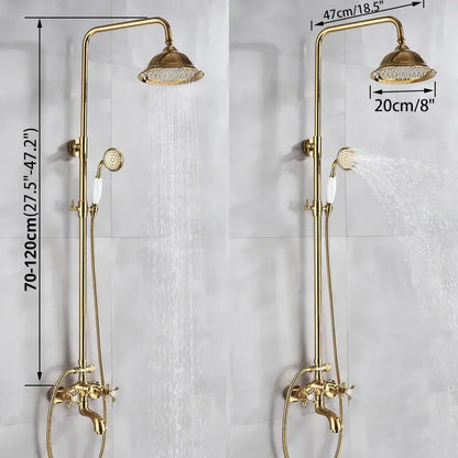 Modern gold shower faucet set in brass with ceramic handles includes tall overhead rainhead and handheld spray nozzle