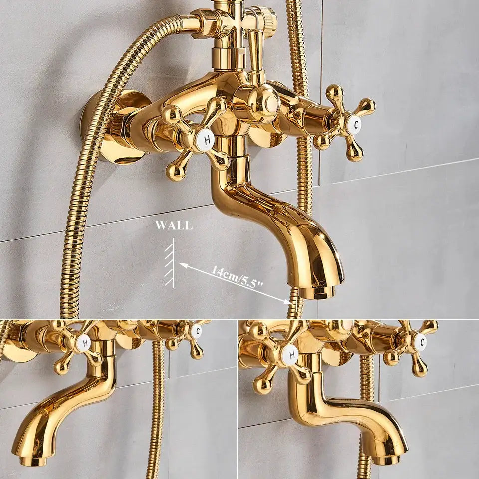 Modern gold shower faucet set with ceramic cross handles in brass finish and flexible hoses for bathroom use