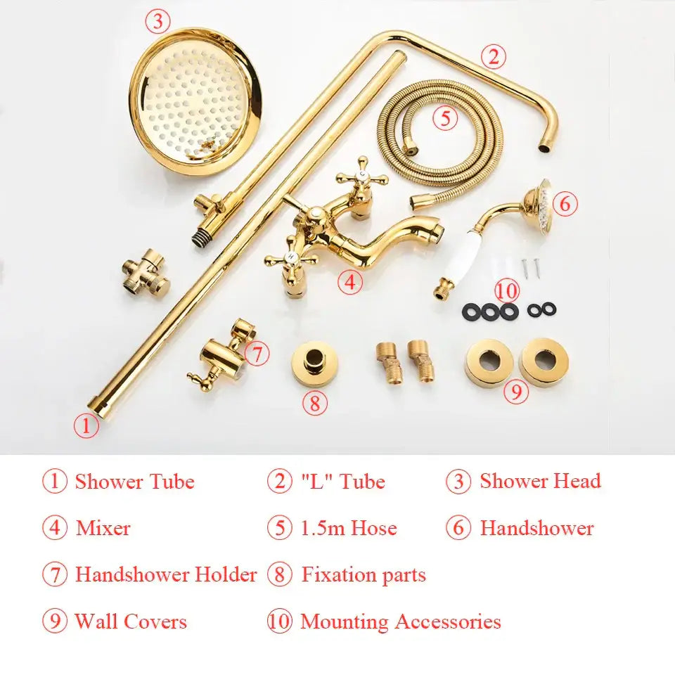 Modern gold shower faucet set with ceramic handles featuring a round perforated gold-finished brass shower faucet set