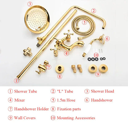 Modern gold shower faucet set with ceramic handles featuring a round perforated gold-finished brass shower faucet set