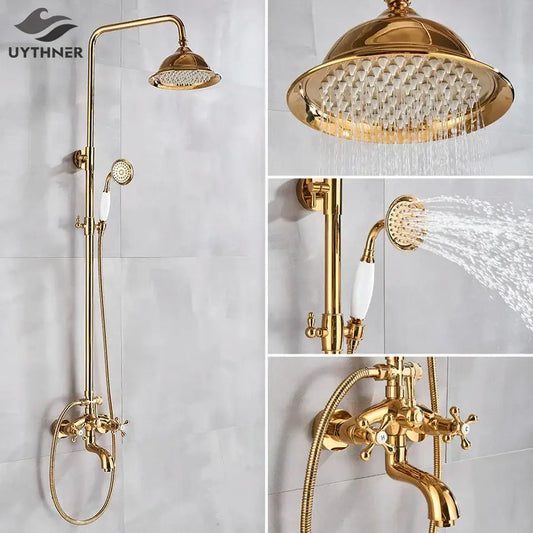 Modern gold shower faucet set with ceramic handles featuring gold-finished rainhead and handheld sprayer faucet set