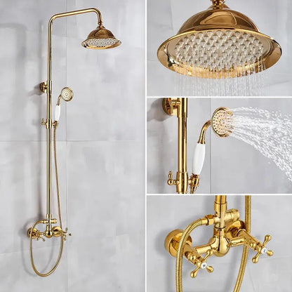 Modern gold shower faucet set with a large rainhead, white ceramic handle handheld sprayer, and wall-mounted mixer valve