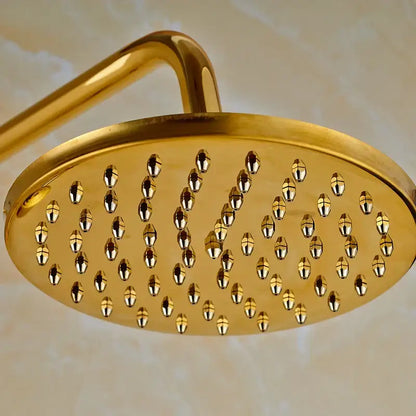 Modern gold shower mixer taps featuring a round rainfall head with polished metallic finish and multiple nozzles