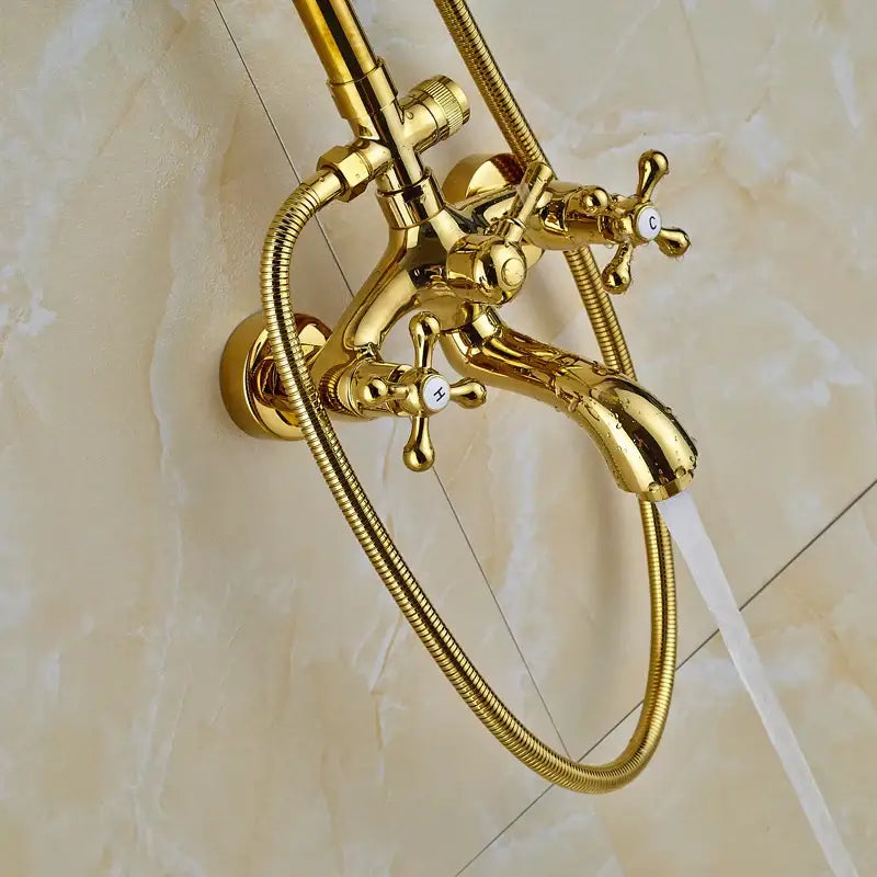 Modern gold shower mixer taps with rainfall head and cross handle brass faucet with flexible shower hose