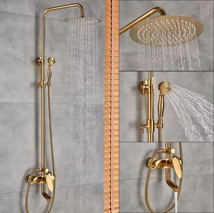 Modern gold shower mixer taps in brass with rainfall head and handheld spray nozzle for bathroom use