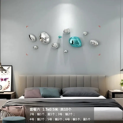 Modern gold and silver 3d stone wall ornaments featuring silver and teal metallic bubble design for living room decor